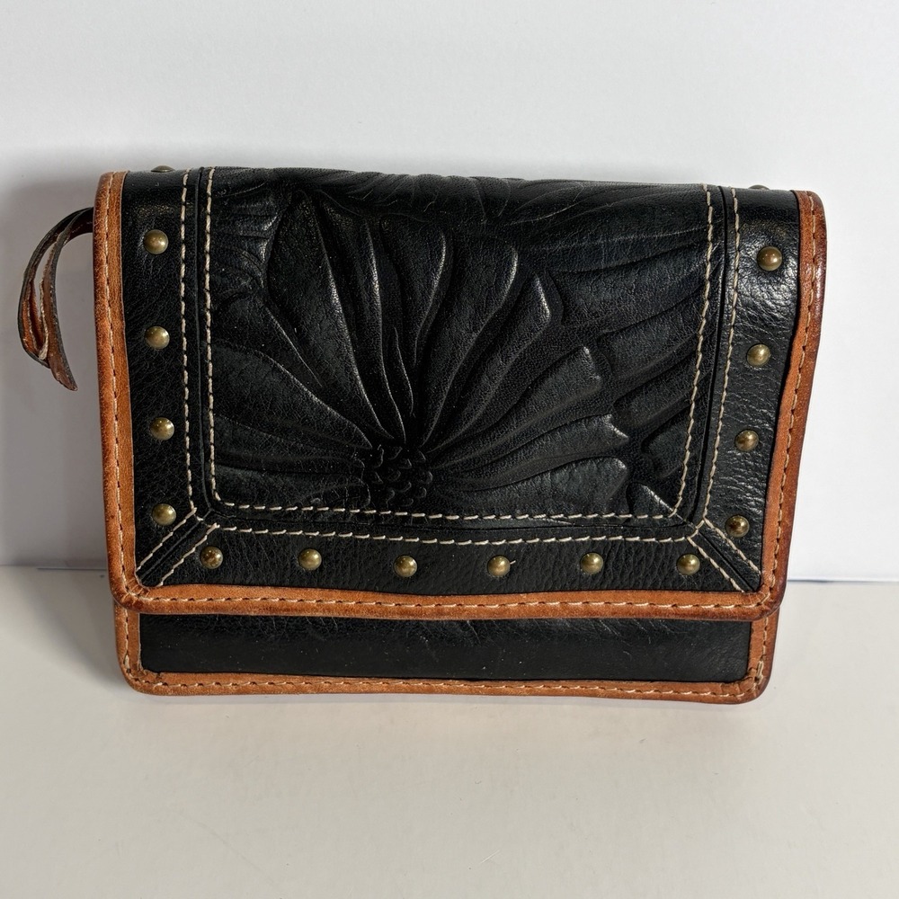 Fossil Women's Wallet Studded Tooled Leather Floral Black Brown
